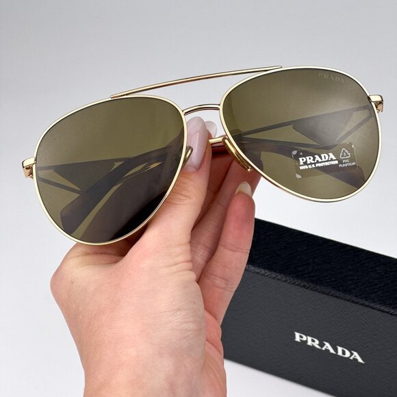 Prada PR73ZS 5AK01T BRAND NEW Sunglasses Shiny Gold Dark Brown Pilot Unisex - Picture 2 of 13